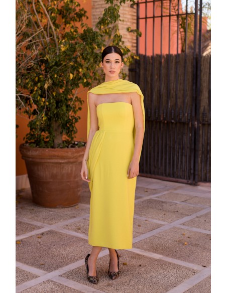 Yellow strapless chiffon midi party dress