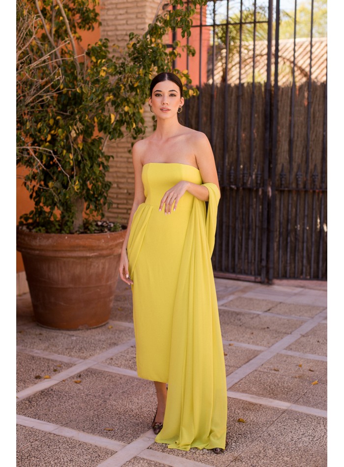 Vestido midi de fiesta amarillo palabra de honor con gasa para bautizos