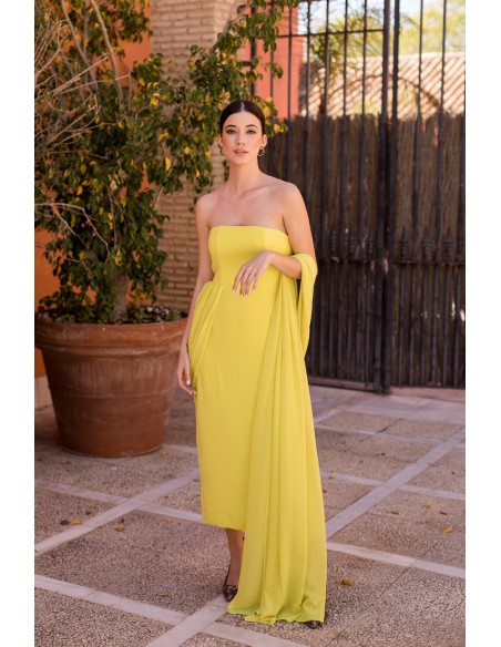 Vestido midi de fiesta amarillo palabra de honor con gasa para bautizos