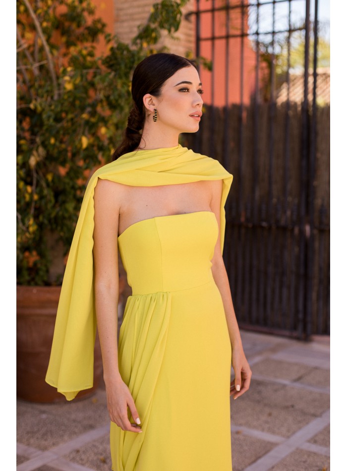 Yellow strapless chiffon midi party dress