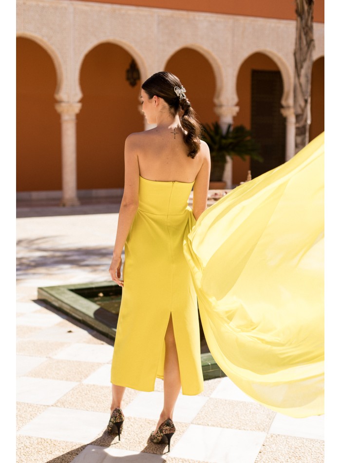 Yellow strapless chiffon midi party dress