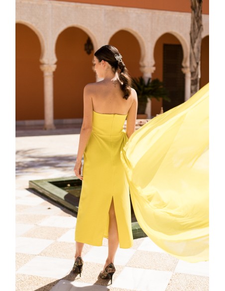Yellow strapless chiffon midi party dress