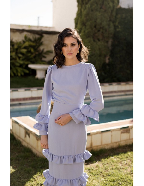 Blusa de fiesta azul claro con mangas largas y volantes para graduaciones 2