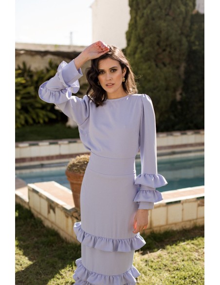 Light blue party blouse with long sleeves and flounces