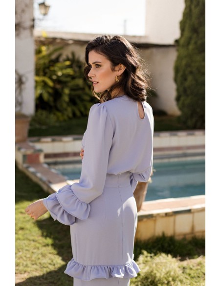 Light blue party blouse with long sleeves and flounces