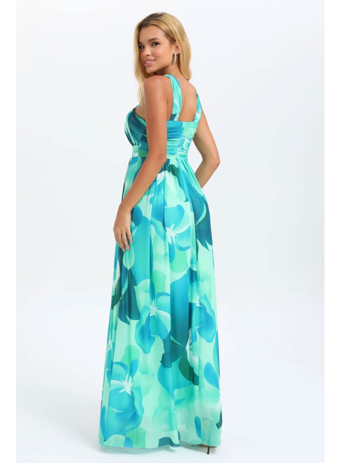 Evening dress with floral print halter neckline