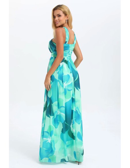 Vestido de fiesta largo morado con escote halter y estampado floral, perfecto para invitadas de boda