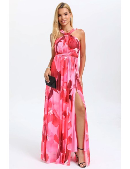 Evening dress with floral print halter neckline