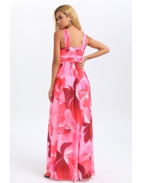 Evening dress with floral print halter neckline