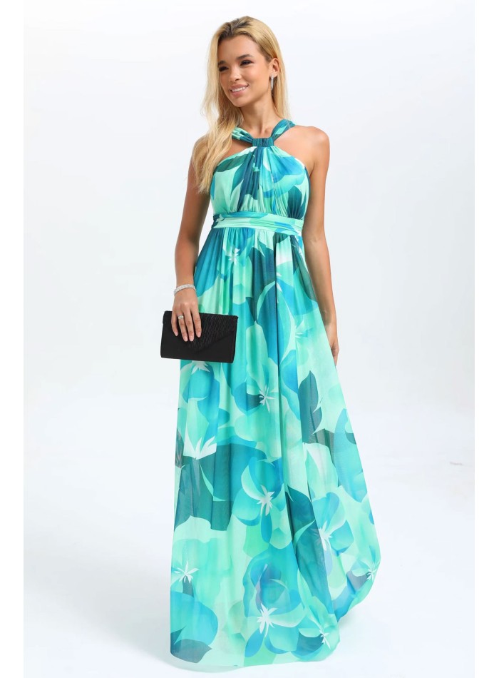 Evening dress with floral print halter neckline