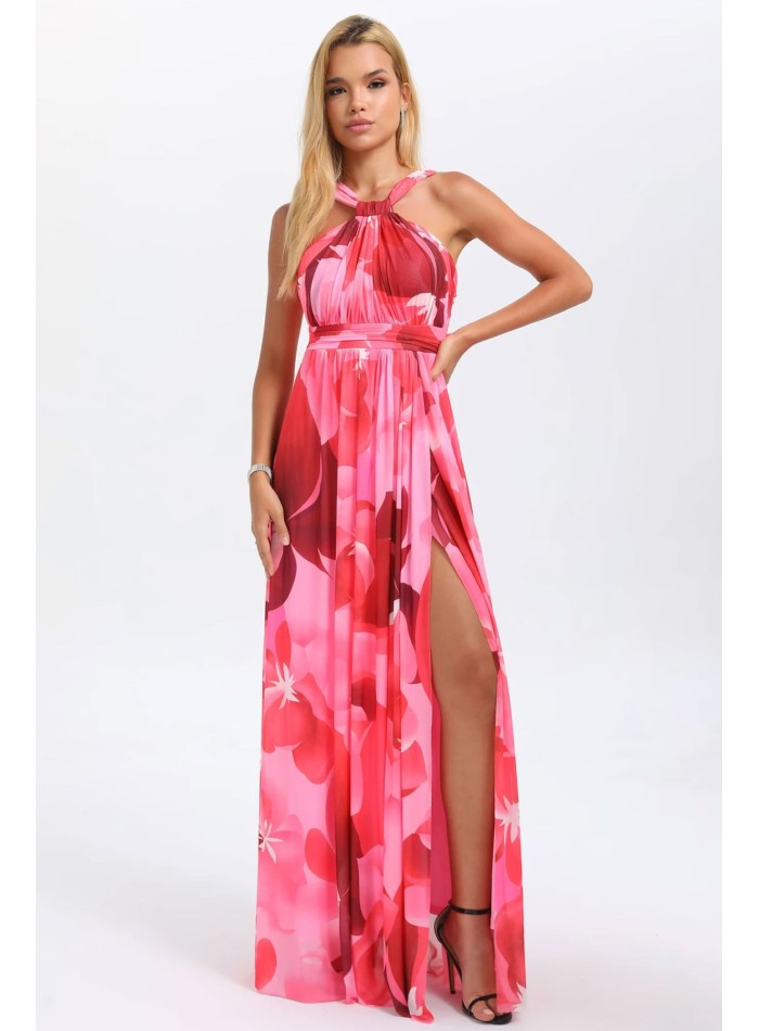 Evening dress with floral print halter neckline
