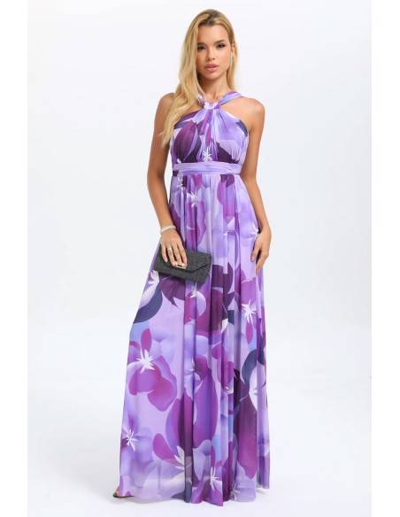 Evening dress with floral print halter neckline