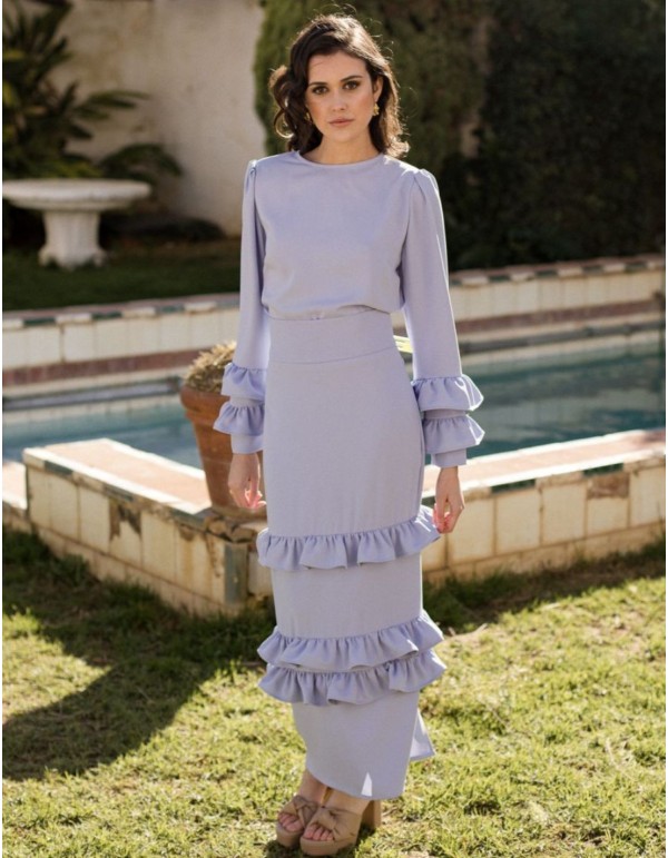 Light blue midi party skirt with ruffles