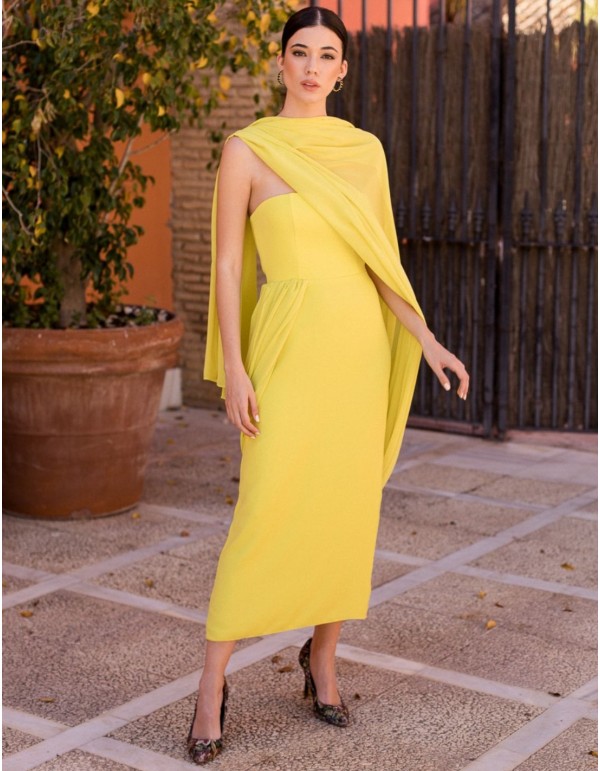 Vestido midi de fiesta amarillo palabra de honor con gasa para ocasiones especiales