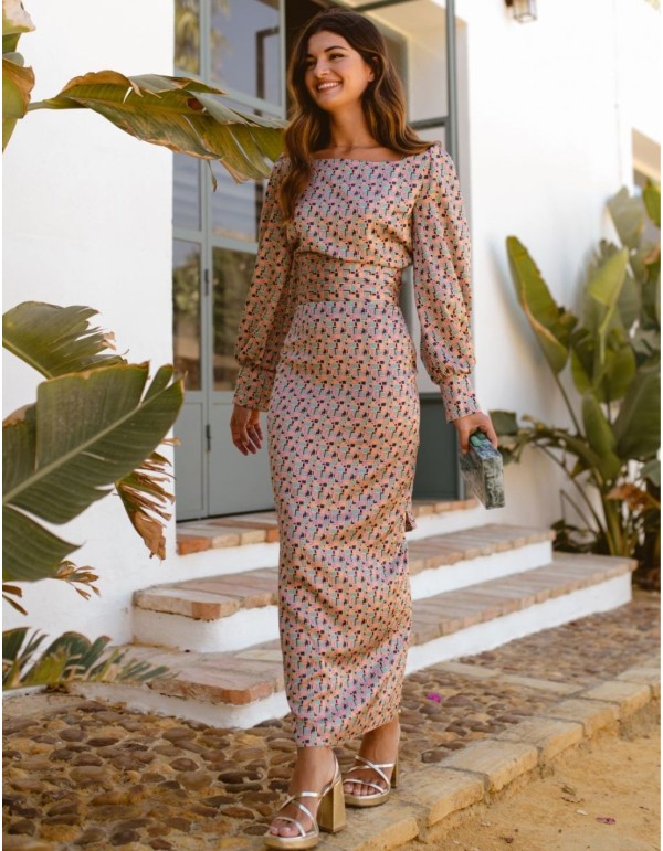 Patterned midi party skirt with back slit