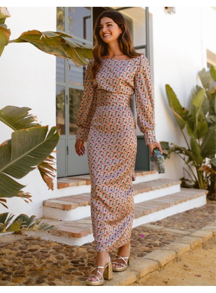 Patterned midi party skirt with back slit