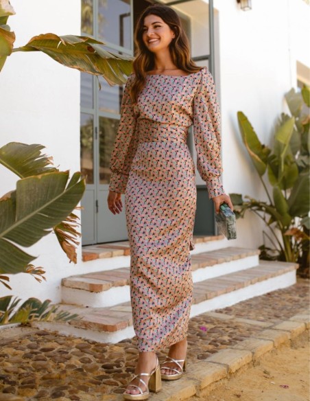 Patterned midi party skirt with back slit