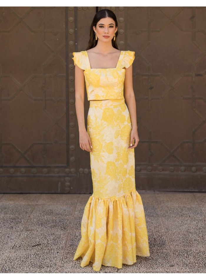 Falda midi de fiesta amarilla estampada con maxi volante