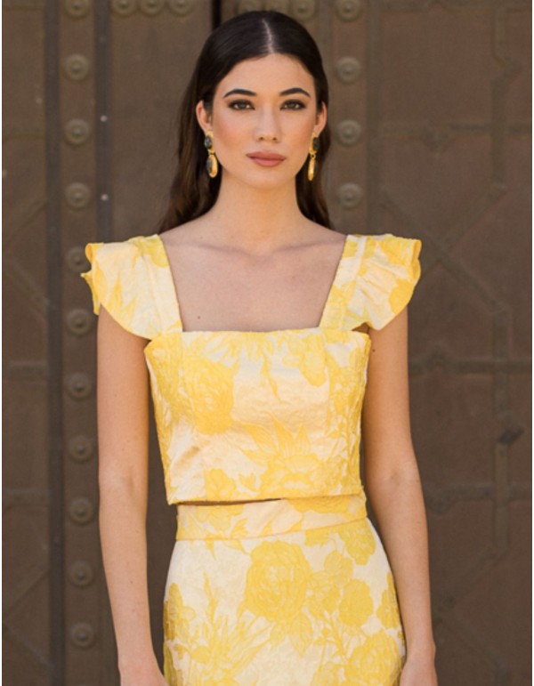 Yellow printed party top with ruffled shoulder straps