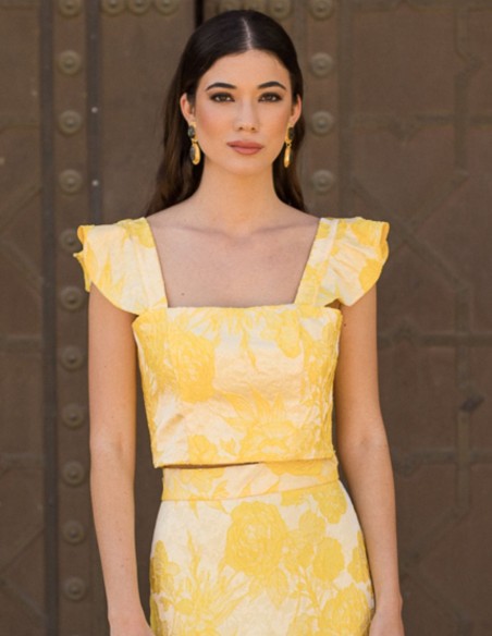 Yellow printed party top with ruffled shoulder straps