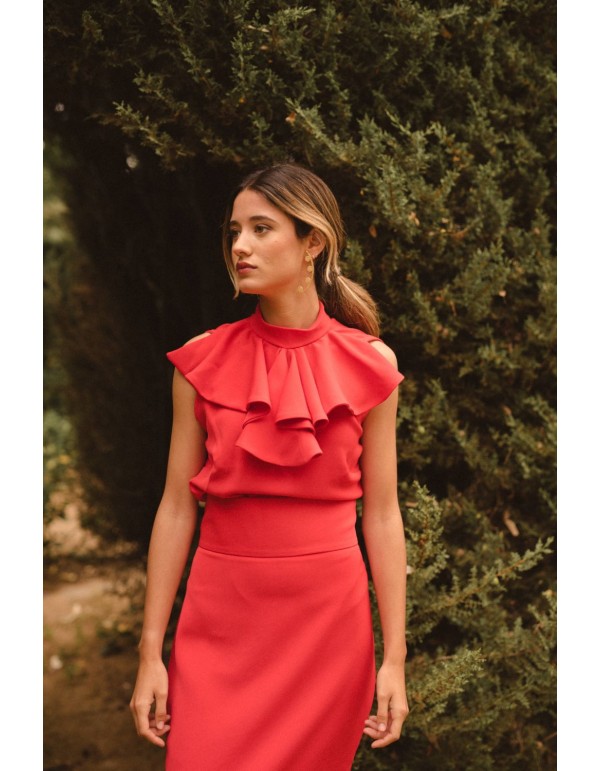 Red sleeveless top with ruffled collar