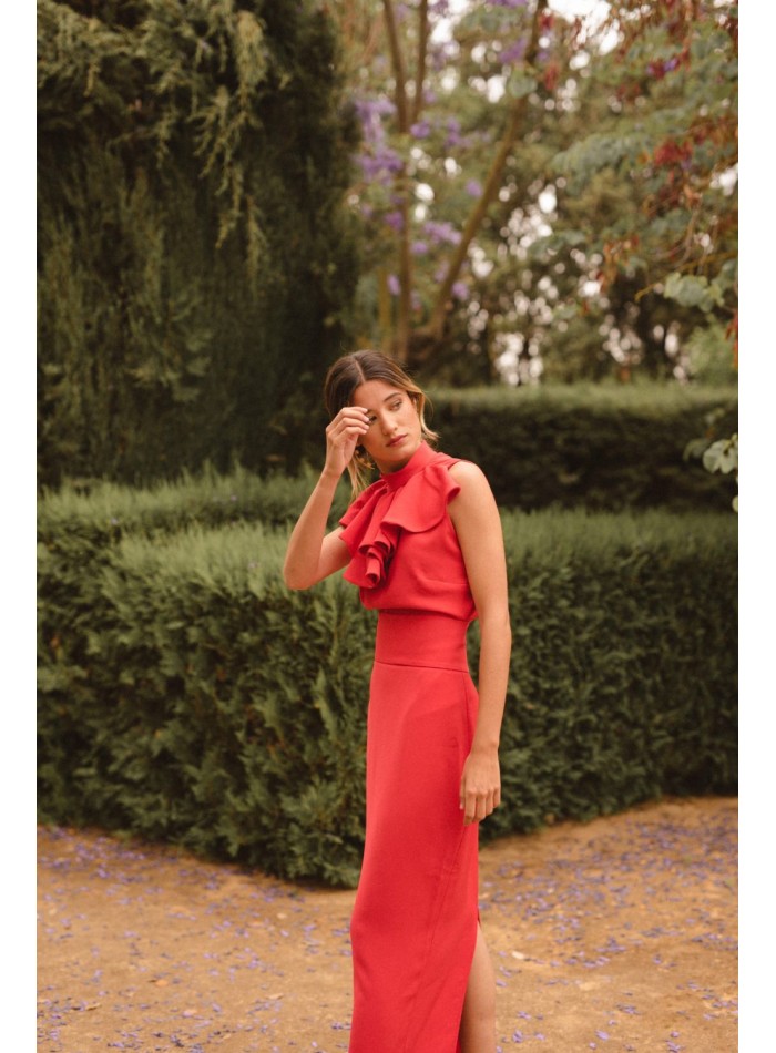 Red sleeveless top with ruffled collar