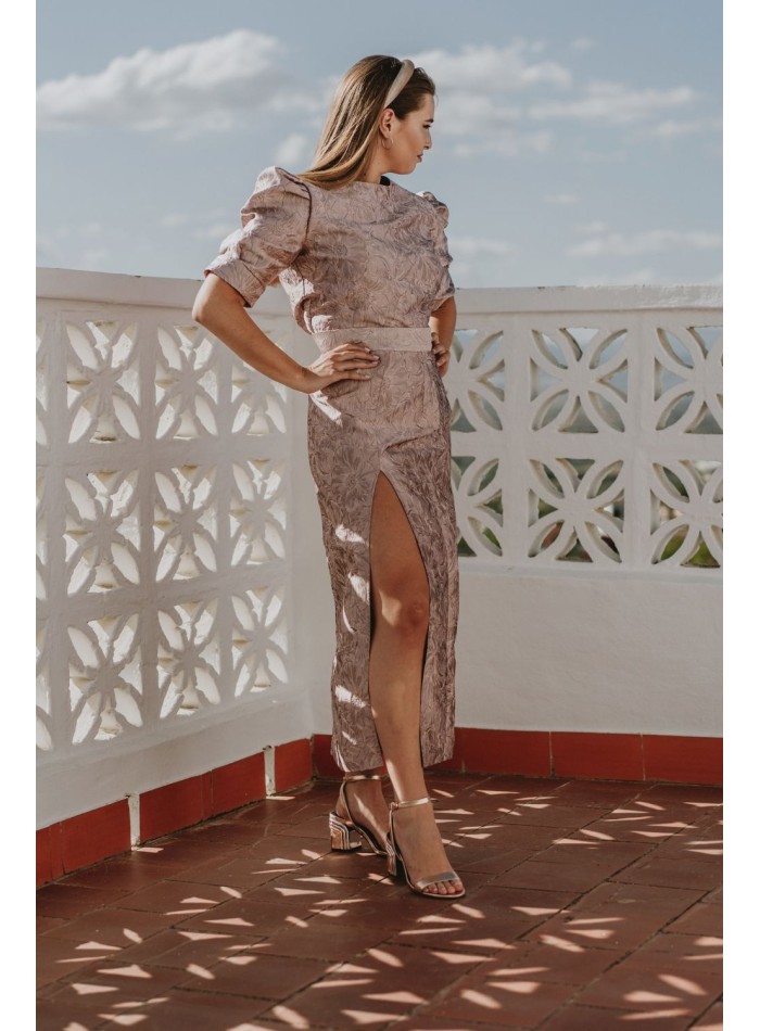 Midi skirt with brocade flowers pink make up