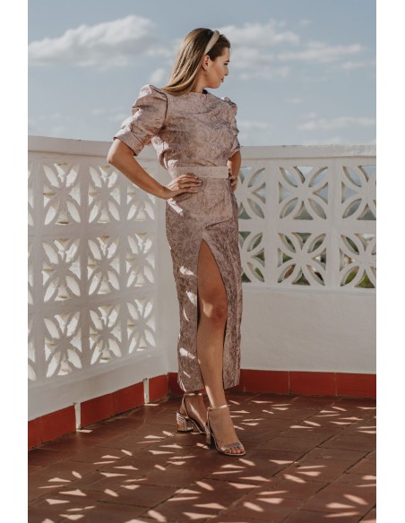 Midi skirt with brocade flowers pink make up