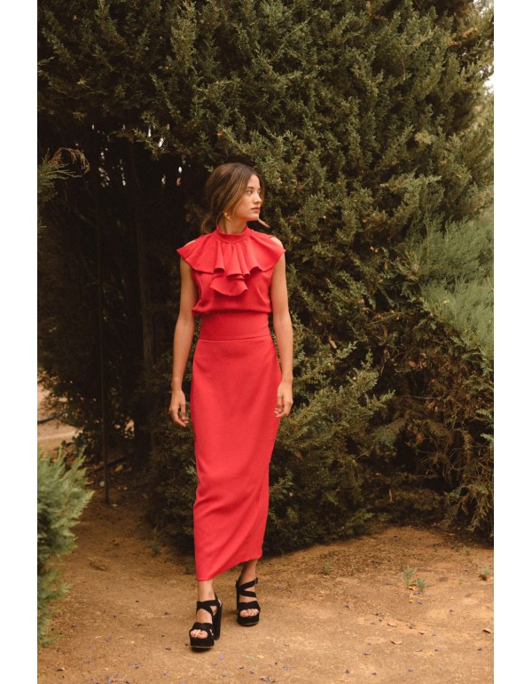 Falda midi recta de tiro alto roja