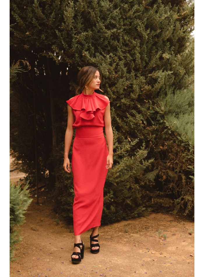 Jupe midi droite à taille haute rouge