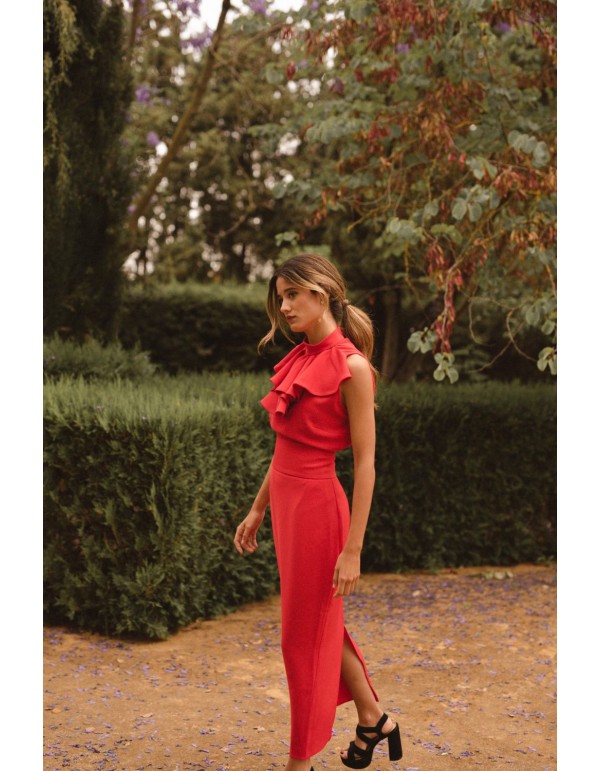 Jupe midi droite à taille haute rouge 2