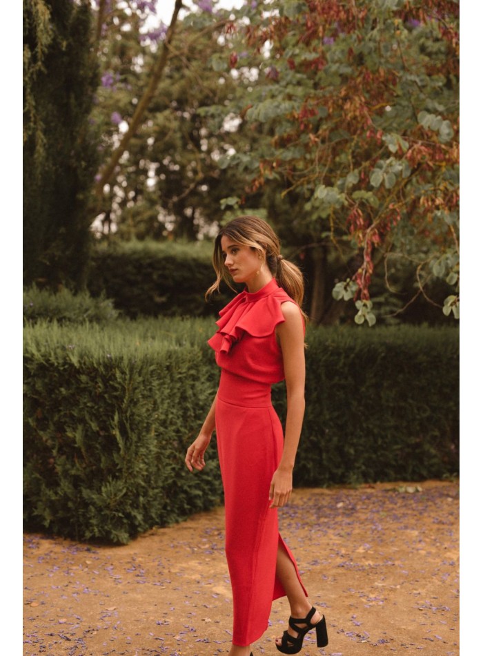 Red straight high-waist midi skirt