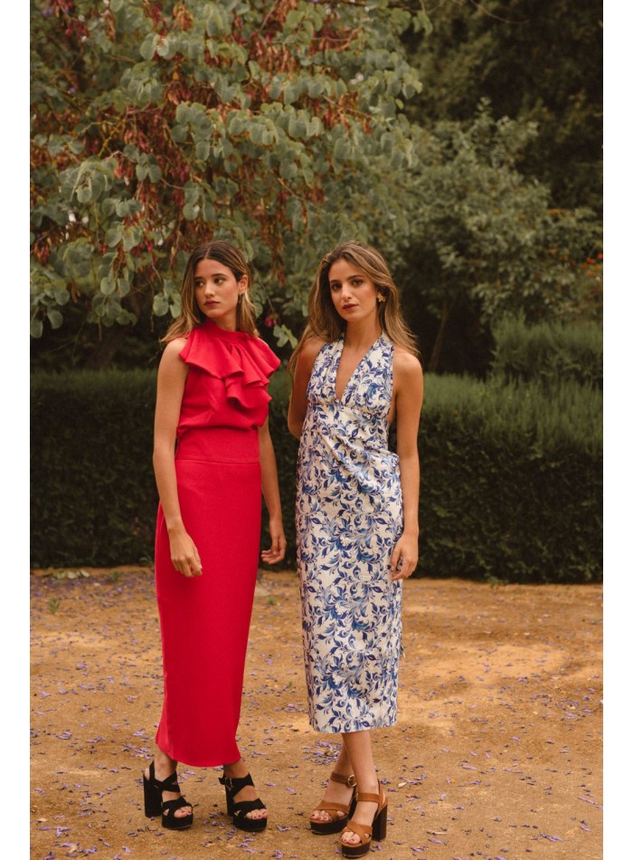 Jupe midi droite à taille haute rouge