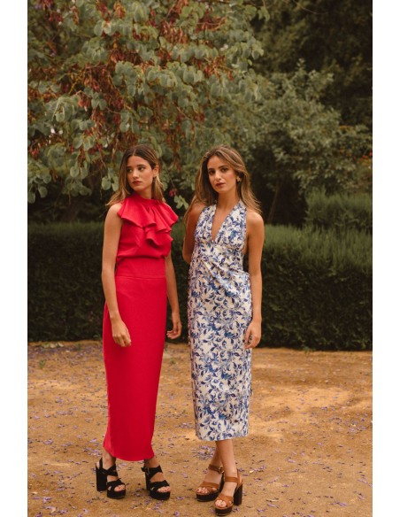 Jupe midi droite à taille haute rouge