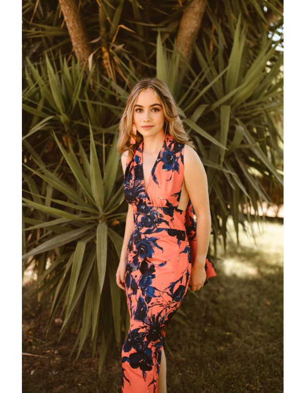 Vestido midi satén estampado coral y azul para graduaciones 2