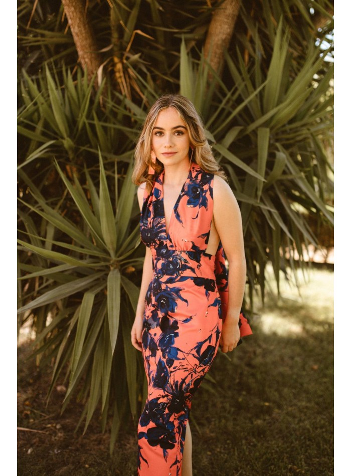 Robe midi en satin imprimé corail et bleu