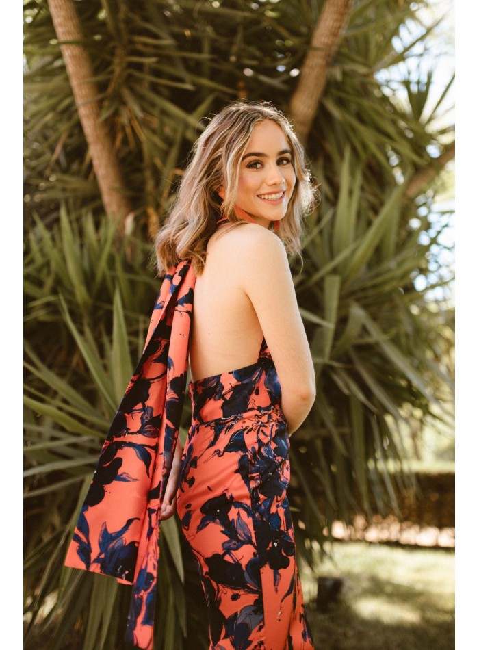Vestido midi satén estampado coral y azul para eventos especiales