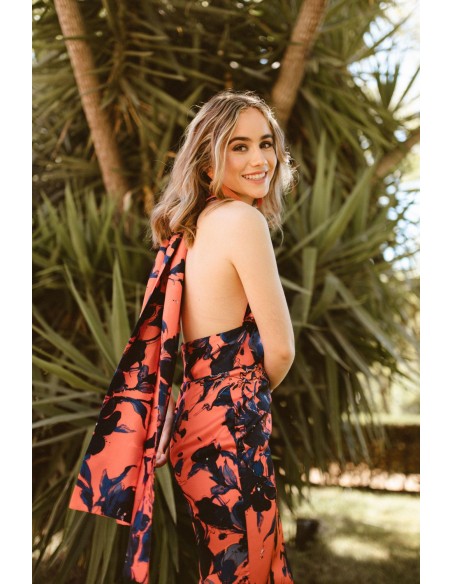 Vestido midi satén estampado coral y azul para eventos especiales