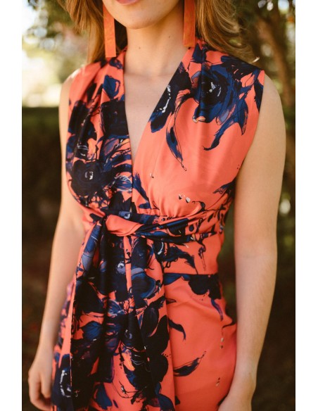 Coral and blue midi satin print dress