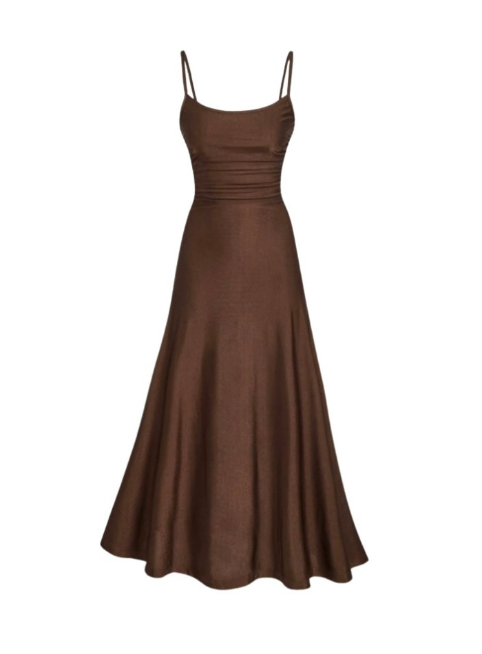 Robe midi à bretelles en lingerie marron chocolat