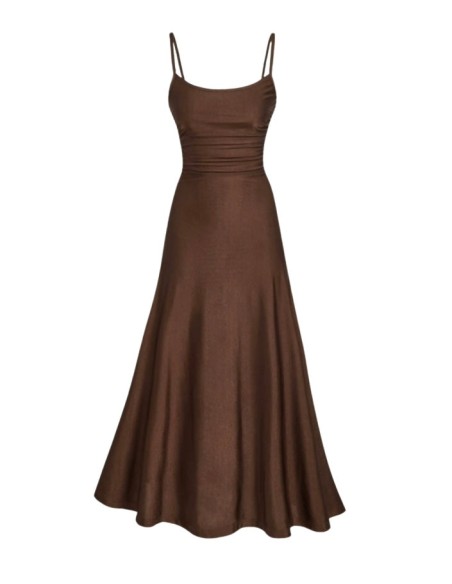 Robe midi à bretelles en lingerie marron chocolat