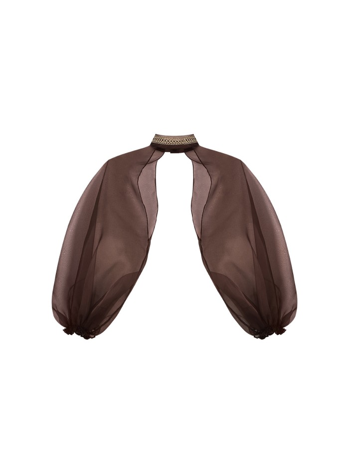 Mangas de organza marrón chocolate con broche al cuello
