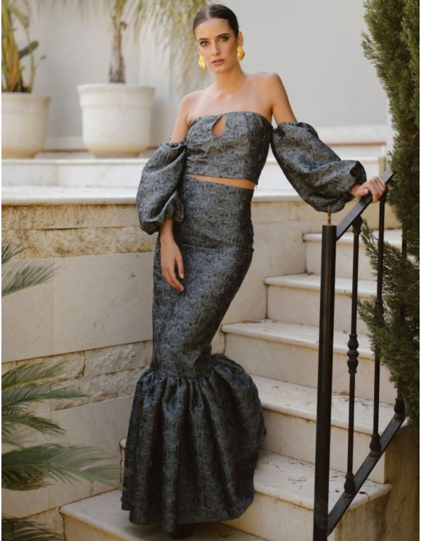 Grey and black brocade long skirt with flounce