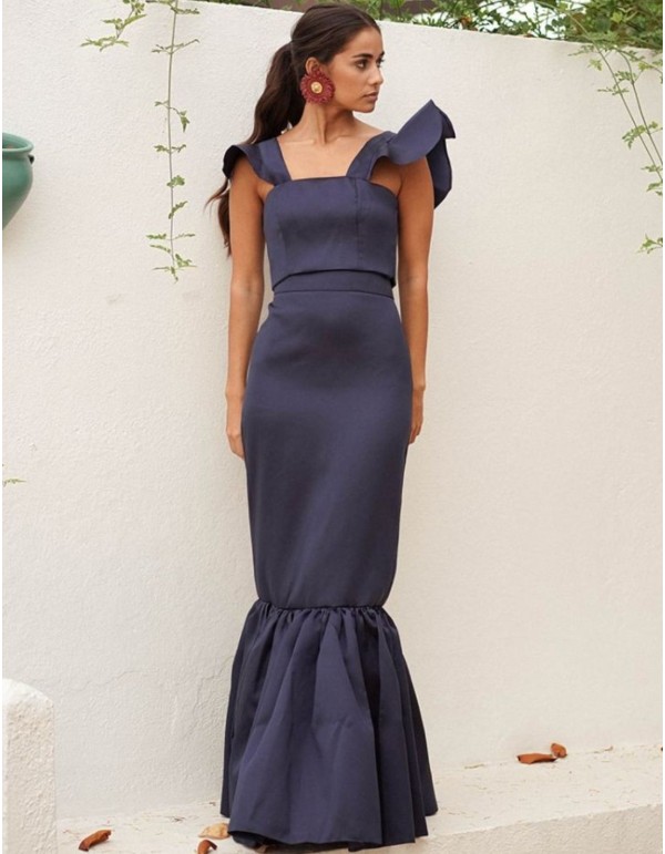 Falda larga azul marino con maxi volante