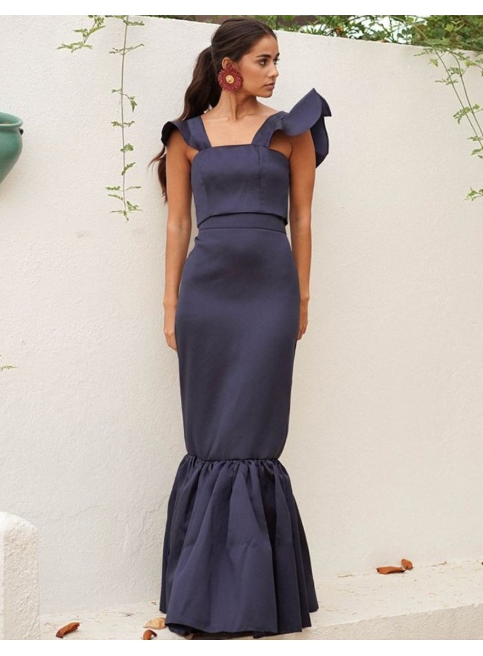 Falda larga azul marino con maxi volante