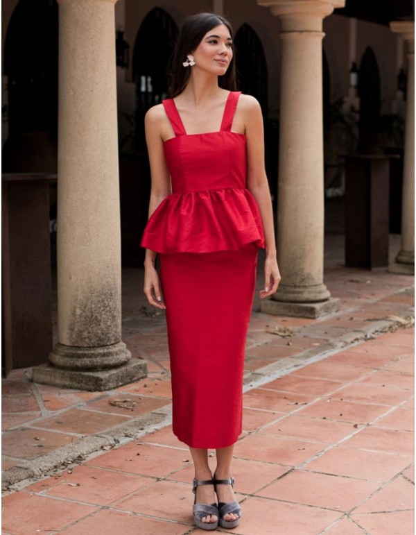 Jupe midi droite en taffetas rouge