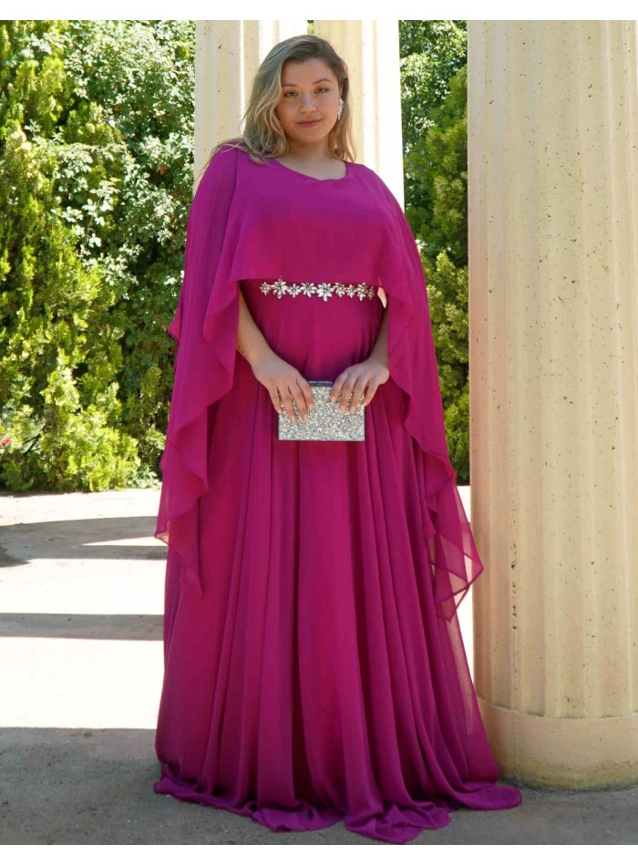 Vestido de fiesta largo con manga capa y cinturón de strass