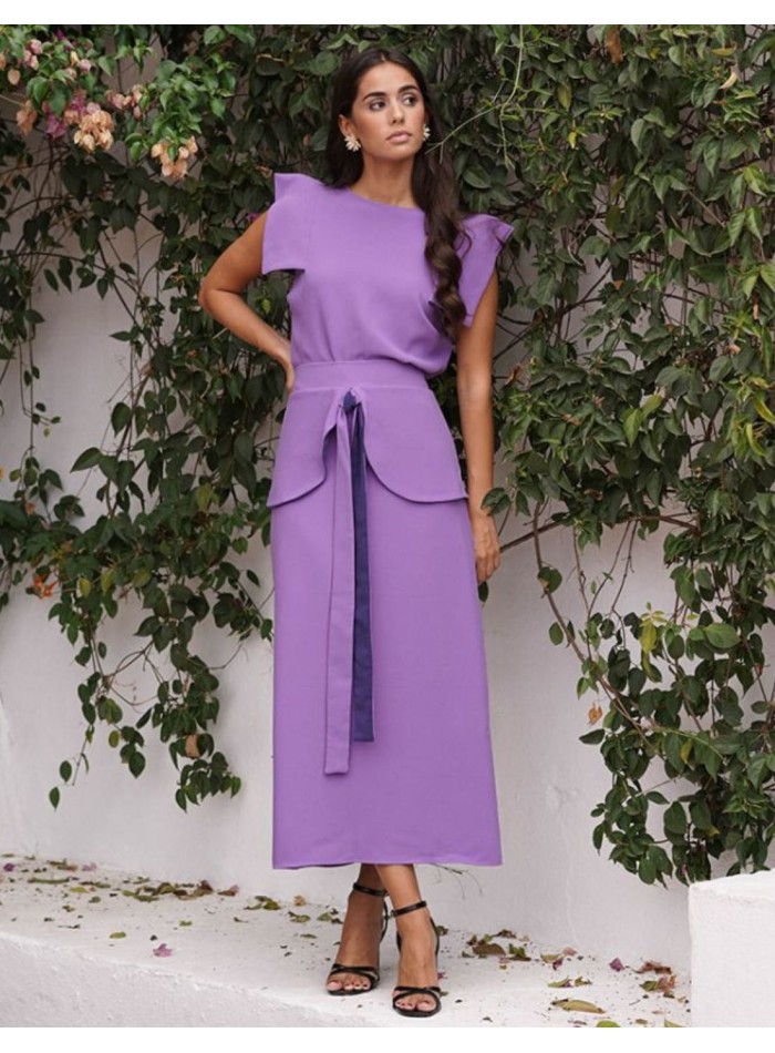 Mauve flared midi skirt with ruffle and lacing