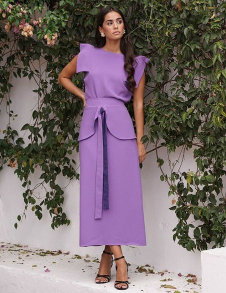 Mauve flared midi skirt with ruffle and lacing