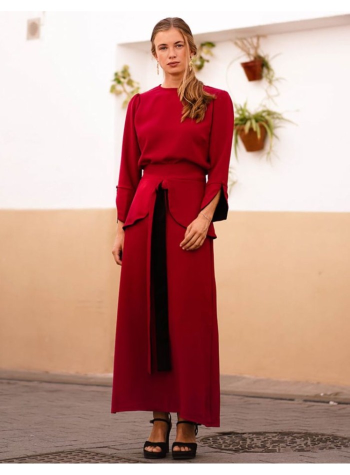 Red flared midi skirt with ruffle and lacing